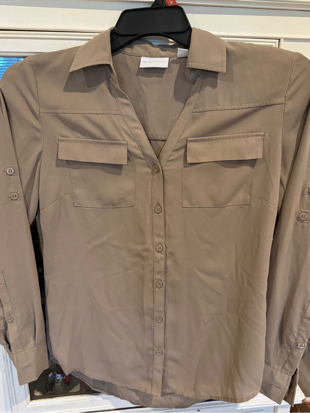 New York & Company Tan Button-Front Camp Shirt with Chest Flaps